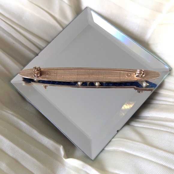 Vintage Blue Enamel Gold Tone With Pearl Accents Bar Pin - Picture 2 of 5
